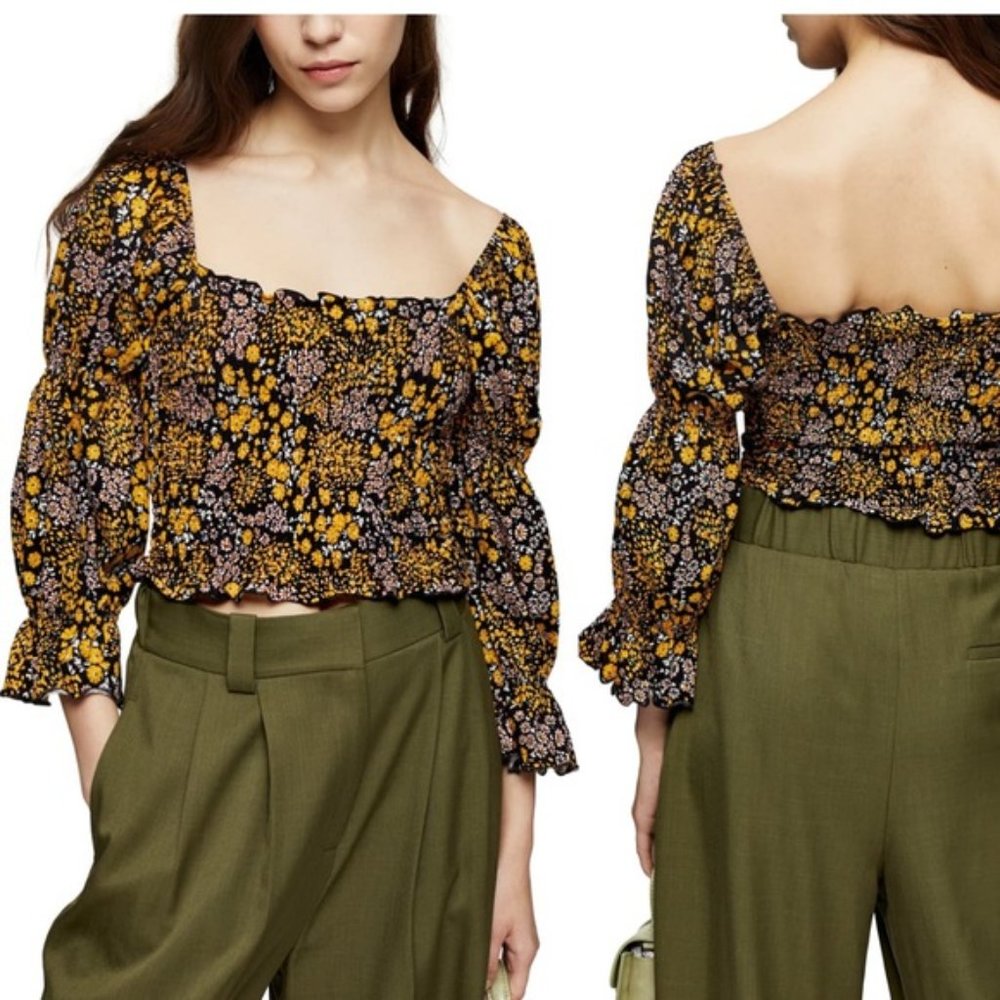 NWT Topshop black & yellow floral smocked peasant crop top/ blouse size 2